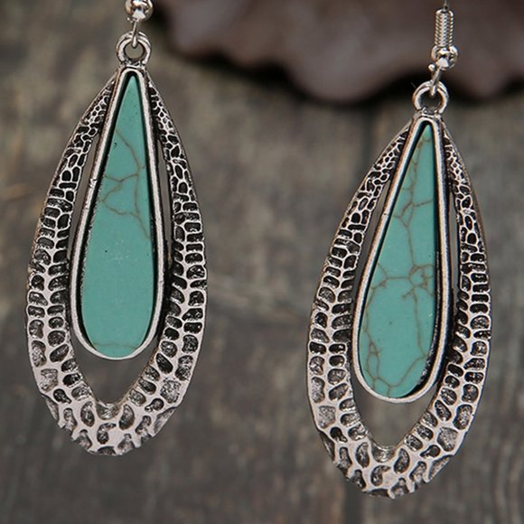 Sky Blue Bohemian Geometric Oval Earrings - Picture 3 of 5